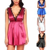 Sexy Backless Lace Spliced V-neck Sleeveless High Waist Dress