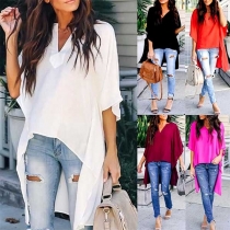 Fashion Solid Color Half Sleeve V-neck High-low Hem Blouse
