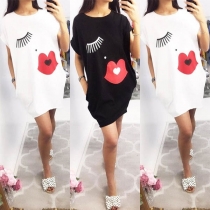 Cute Eyelash Red-lip Printed Short Sleeve Loose T-shirt 