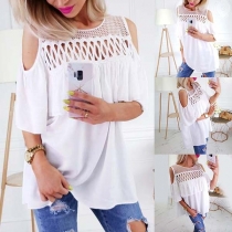 Sexy Off-shoulder Gauze Spliced Round Neck Ruffle Top 
