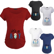 Cute Cartoon Printed Short Sleeve Round Neck Maternity T-Shirt