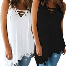 Fashion Sleeveless Lace-up V-neck Lace Spliced Irregular Hem Top