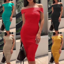 Sexy Off-shoulder Boat Neck Solid Color Slim Fit Dress