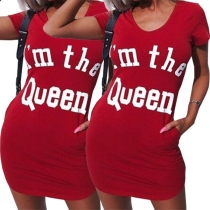 Fashion Letters Printed Short Sleeve Round Neck T-shirt Dress
