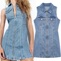 Sexy Sleeveless POLO Collar Front-zipper Slim Fit Denim Dress