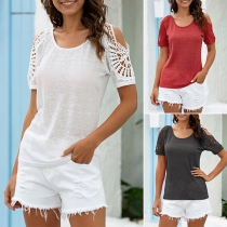 Sexy Off-shoulder Short Sleeve Round Neck Solid Color T-shirt