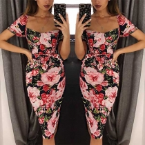 Fashion Short Sleeve Square Collar Slim Fit Printed Dress