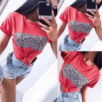 Fashion Leopard Spliced Short Sleeve Round Neck T-shirt