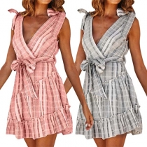 Sexy Backless V-neck Sleeveless Ruffle Hem Plaid Dress