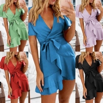 Sexy V-neck Irregular Ruffle Hem Short Sleeve Solid Color Dress