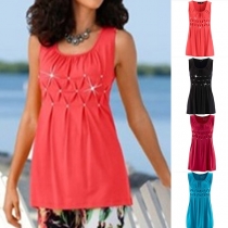 Fashion Rhinestone Spliced Sleeveless Round Neck Top