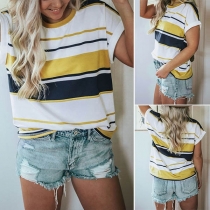 Fashion Short Sleeve Round Neck Striped T-shirt