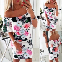 Sexy Off-shoulder Ruffle Boat Neck Slim Fit Printed Dress