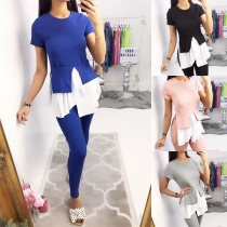 Fashion Short Sleeve Irregular Hem Top + Pants Two-piece Set 