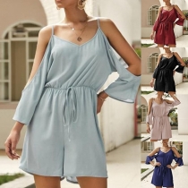 Sexy Off-shoulder 3/4 Sleeve V-neck Solid Color Sling Romper