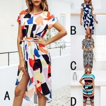 Fashion Short Sleeve Round Neck Irregular Hem Printed Dress