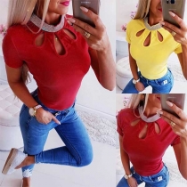 Sexy Short Sleeve Rhinestone Mock Neck Hollow Out T-shirt