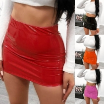 Fashion Solid Color High Waist PU Leather Skirt
