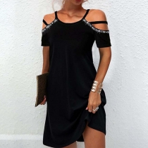 Sexig off-shoulder kortärmad enfärgad sommarklänning