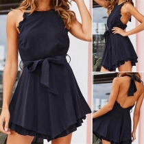 Sexy Backless Solid Color Ruffle Hem Halter Dress