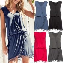 Fashion Solid Color Sleeveless V-neck Tassel Hem Dress