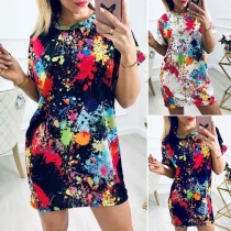 Fashion Short Sleeve Round Neck Colorful Printed Dress