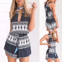 Bohemian Style Sleeveless High Waist Printed Romper 