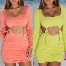 Sexy Long Sleeve Square Collar Crop Top + High Waist Skirt Two-piece Set