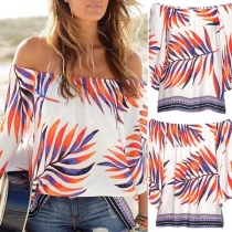 Sexy Off-shoulder Boat Neck Half Sleeve Printed Top