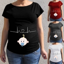 Cute Cartoon Printed Short Sleeve Round Neck Maternity T-shirt