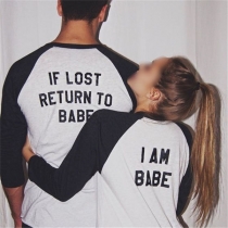 Fashion Letters Printed Long Sleeve Contrast Color Couple T-shirt 