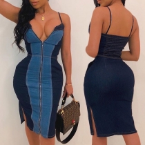 Sexy Backless V-neck Contrast Color Slim Fit Sling Denim Dress