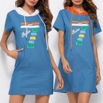 Fashion Contrast Color Short Sleeve Hooded Printed Denim Dress