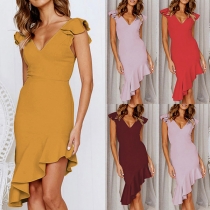Sexy V-neck Irregular Ruffle Hem Solid Color Party Dress