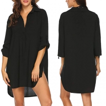 Fashion Solid Color Short Sleeve V-neck Loose Dress