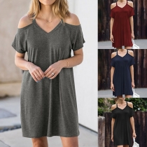 Sexy Off-shoulder Short Sleeve V-neck Solid Color Sling Dress