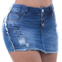 Fashion Oblique Button Ripped Denim Kjol
