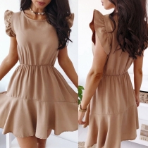 Sweet Style Round Neck Solid Color Ruffle Dress