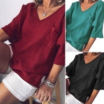 Simple Style Solid Color Short Sleeve V-neck T-shirt