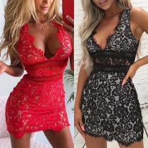 Sexy Deep V-neck Sleeveless See-through Lace Dress