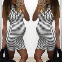 Fashion Sleeveless Mock Neck Striped Maternity Dress
