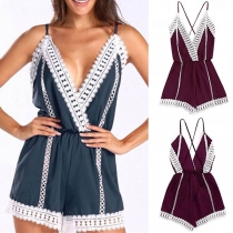 Sexy Backless V-neck Lace Spliced Sling Romper