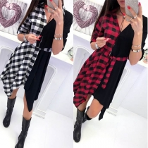 Fashion Plaid Spliced Long Sleeve Irregular Hem Shirt Dress