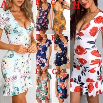 Sexy Backless V-neck Short Sleeve Ruffle Hem Printed  Dress