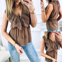 Sexy V-neck Sleeveless Solid Color Ruffle Top