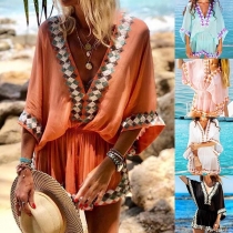 Sexy Backless Deep V-neck Printed Spliced Dress