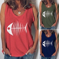 Fashion Fishbone Printed Casual Tank Top
