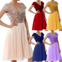 Sexy V-neck Short Sleeve Sequin Spliced Party Dress