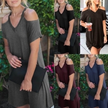 Sexy Off-shoulder Short Sleeve V-neck Solid Color Dress