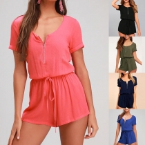 Fashion Solid Color Short Sleeve Zipper V-neck Romper 